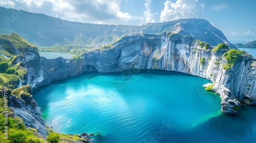 Kelimutu Crater Lakes Rocky Cliffs Overlooking Tranquil GemstoneColored Waters photo