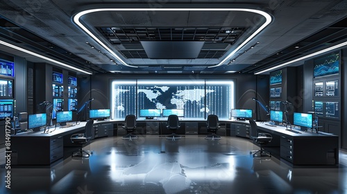 A high-tech futuristic security control room.
