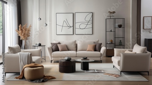 Sophisticated Modern Living Room with Neutral Palette and Minimalist Art