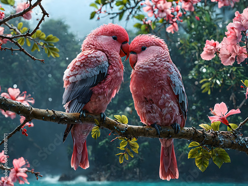 Two lovebirds are cuddling on a branch, creating a poetic scene with picturesque blooming flowers, Generative AI photo