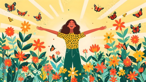 Joyful Woman in Sunlit Floral Field Celebrating with Outstretched Arms and Butterflies