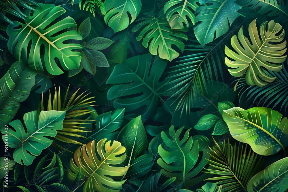 Digital artwork of tropical green leaves banner, illustration, high quality, high resolution