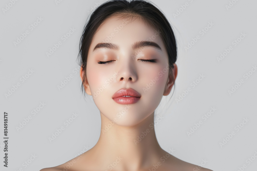 Young Asian woman with closed eyes on white background Young Asian woman with closed eyes on white background