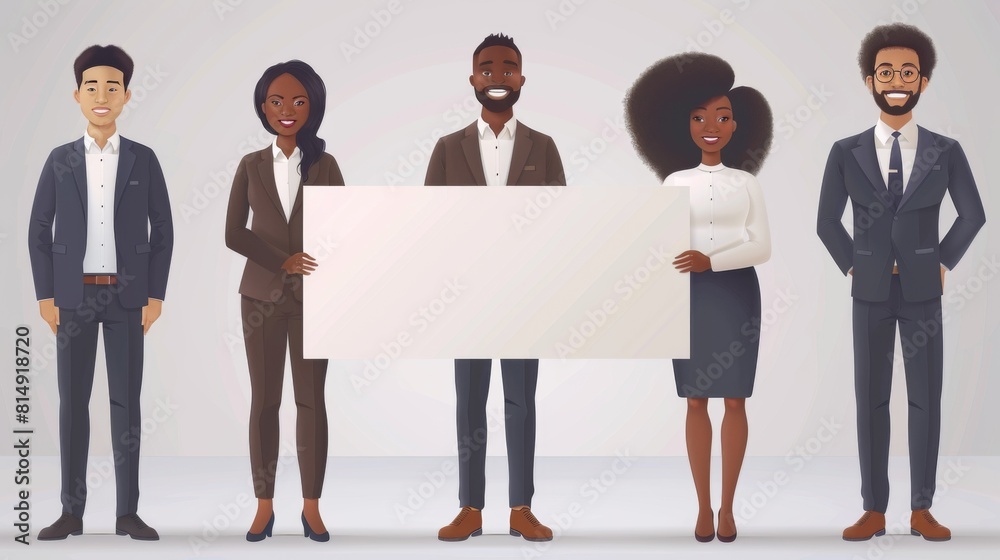 Obraz premium A diverse group of young businesspeople in suits stand confidently with a blank white banner, ideal for a corporate message or logo.