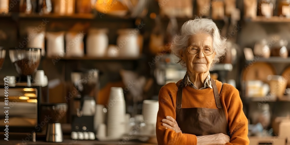 Elderly woman running a small coffee shop as a business owner. Concept Small Business Owner, Coffee Shop Management, Elderly Entrepreneurship, Customer Service, Entrepreneurial Spirit