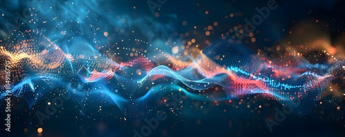Abstract digital background with colorful sound waves and data points on dark blue gradient, symbolizing technology or music background 
 photo