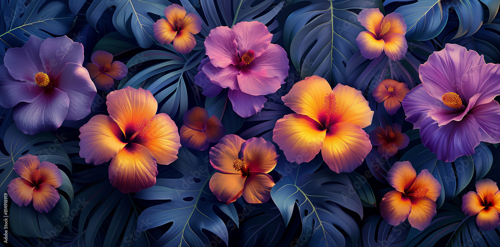 Tropical flowers exotic leaves, floral seamless pattern, 3D illustration. Glamorous background design luxury wallpaper Tropical flowers exotic leaves, floral seamless pattern, 3D illustration. Glamorous background design luxury wallpaper