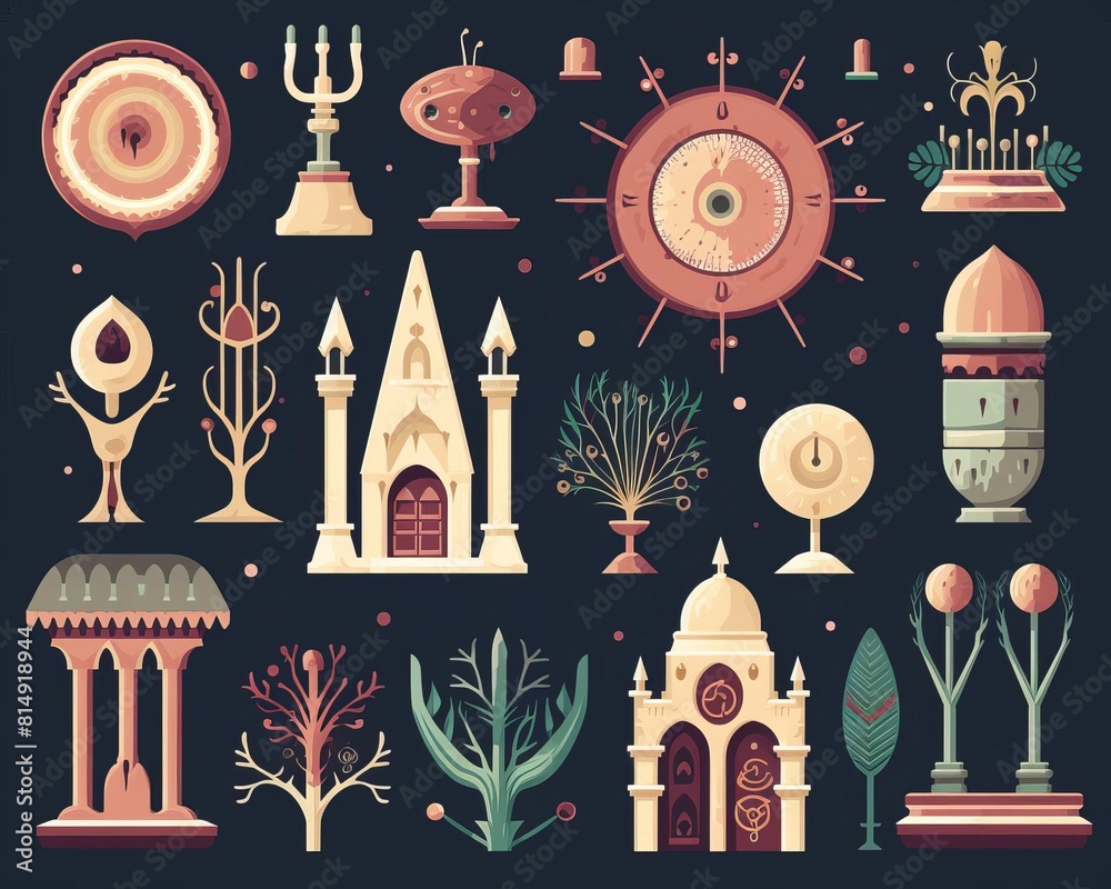 Fantasy magical artifacts flat design side view enchanted objects theme animation Monochromatic Color Scheme