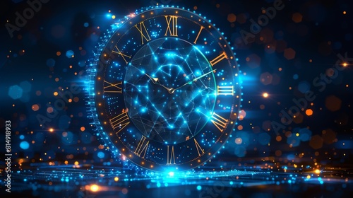 A digitally stylized neon clock displaying a dartboard design amidst a sparkling blue technological backdrop.