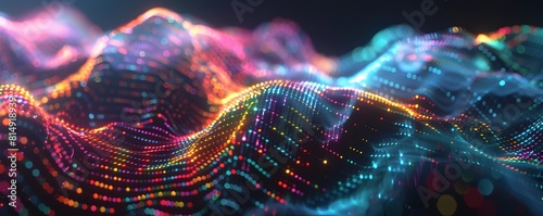 Abstract digital data visualization of sound waves, musical notes and spectrum curves with glowing dots on dark background photo