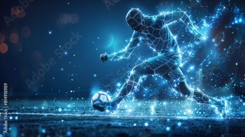 Futuristic neon-lit football player in action on digital field photo