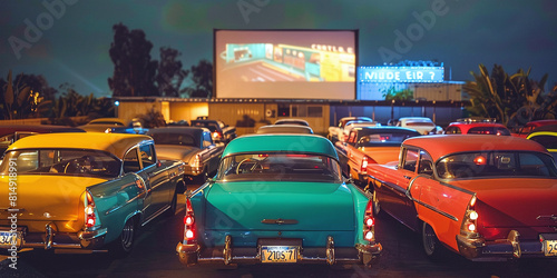 American drive-in with cars lined up in front of an outdoor cinema screen © Oleksandr