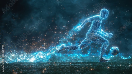 Futuristic neon-lit football player in action on digital field