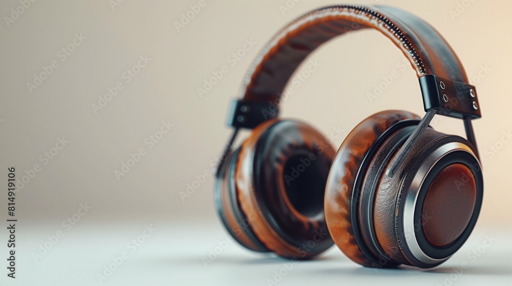 Close-up of a pair of high-end noise-canceling headphones with a luxurious leather finish on a white background Close-up of a pair of high-end noise-canceling headphones with a luxurious leather finish on a white background