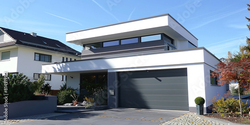 modern grey garage door on white house with gable roof