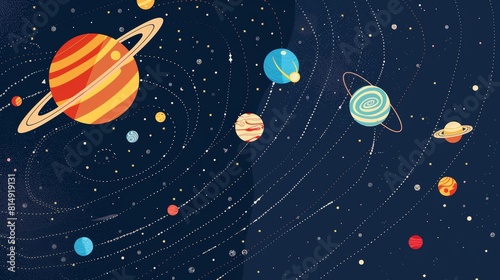 Solar system layout flat design front view educational theme cartoon drawing Split-complementary color scheme
