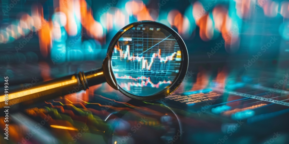 A magnifying glass focusing on intricacies of a glowing financial chart against a blurred background A magnifying glass focusing on intricacies of a glowing financial chart against a blurred background