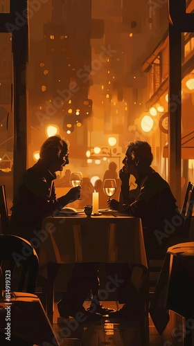 Two men are sitting at a table in a restaurant  talking and drinking wine. The restaurant is dimly lit and the atmosphere is intimate.