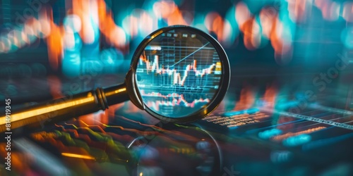 A magnifying glass focusing on intricacies of a glowing financial chart against a blurred background