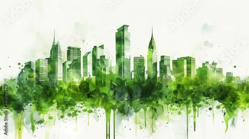 A splash of green watercolor to create a skyline with buildings covered in lush vegetation