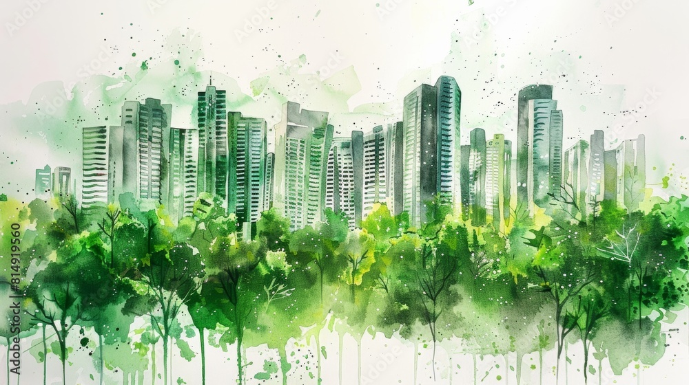 A splash of green watercolor to create a skyline with buildings covered in lush vegetation A splash of green watercolor to create a skyline with buildings covered in lush vegetation