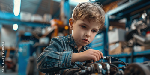 Young boy learns how to fix an engine. Student apprentice learns the trade. Working and learning concept. Mechanic school workshop lesson