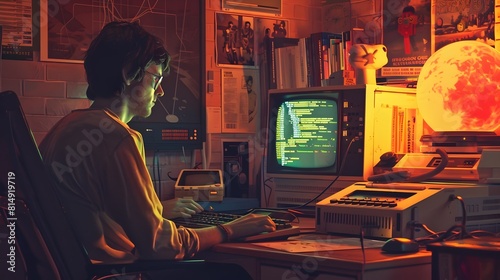 Vintage-Inspired Programmer Workspace with Retro Computer Gear and Cozy Decor © pkproject