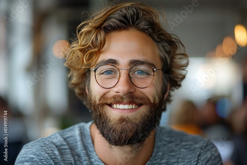 Featuring a smiling man with beard and glasses in office, high quality, high resolution