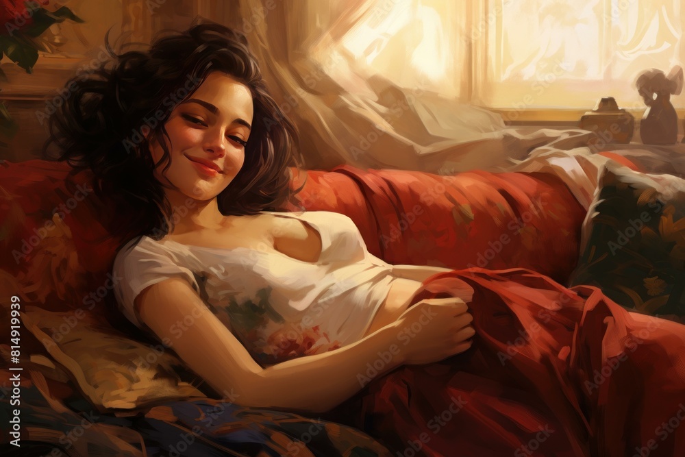 Fototapeta premium Artistic illustration of a content woman lounging on a red sofa, basking in warm sunlight