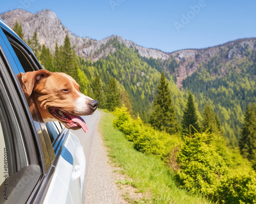 Face of a Pitbull Dog Sticks out of the Window of a White Car. AI Generated