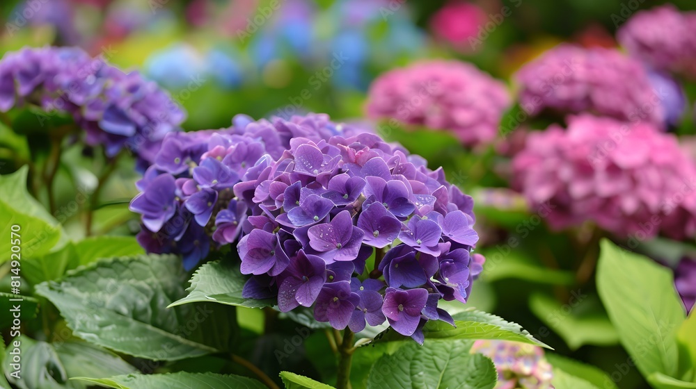 Fototapeta premium Vibrant hydrangea flowers in full bloom, lush purple and pink hues. Nature's beauty showcased in a blossoming garden. Perfect for spring and summer designs. AI