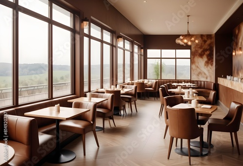 Fashionable and inviting cafe interior with designer chairs, refined dining tables, a plush sofa, and panoramic windows overlooking an inspiring outdoor view. An unadorned wall is available for a mock