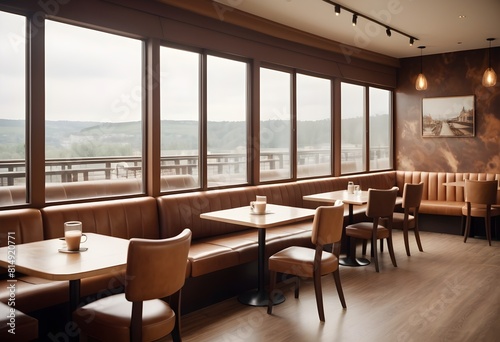 Fashionable and inviting cafe interior with designer chairs  refined dining tables  a plush sofa  and panoramic windows overlooking an inspiring outdoor view. An unadorned wall is available for a mock