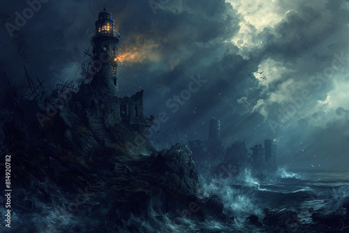 A derelict lighthouse standing sentinel over stormy seas, its flickering beam casting eerie shadows on jagged cliffs, signaling danger on a horror night. photo