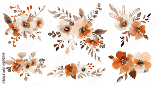 Brown and orange floral bouquet collection with watercolor