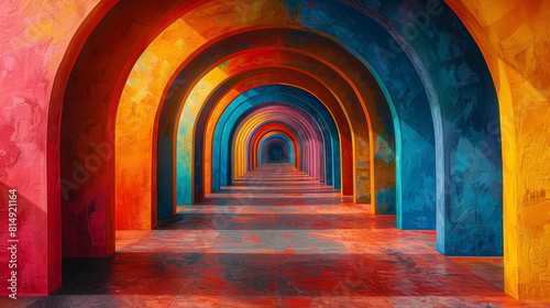 A vibrant hallway adorned with a spectrum of painted arches, creating a playful and lively atmosphere.
