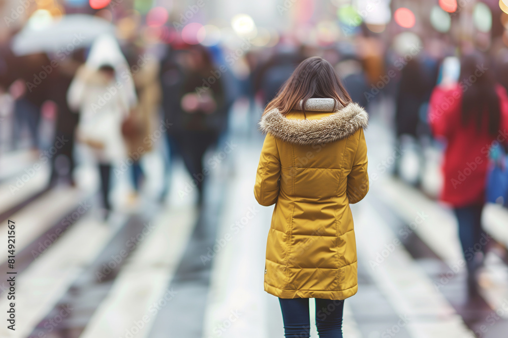 Woman in yellow jacket on a busy street. Woman in yellow jacket on a busy street.