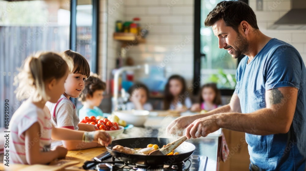 Father preparing breakfast in a sunny kitchen with children watching, creating a lively family morning scene Father preparing breakfast in a sunny kitchen with children watching, creating a lively family morning scene