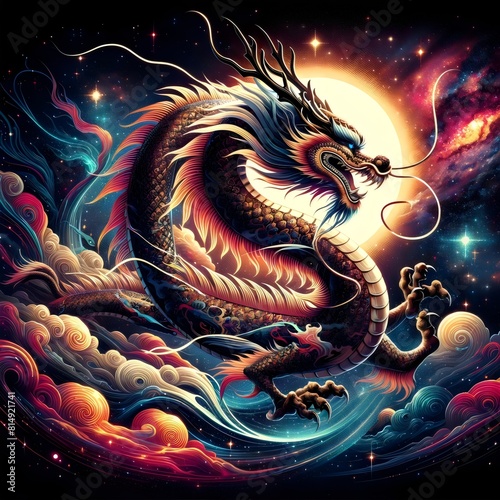 a traditional Chinese dragon gliding through a cosmic galaxy., the awe-inspiring scale of the dragon and the vastness of space, with stars and nebulae filling the background.