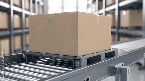 A box moves along a conveyor roller in this 3D rendering. © Khalida