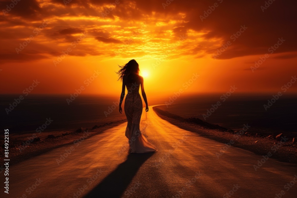 Backlit image of a woman walking on a deserted road at dusk, with a stunning sunset in the background Backlit image of a woman walking on a deserted road at dusk, with a stunning sunset in the background