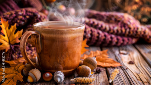 Warm steaming mug of apple cider surrounded by autumn leaves and cozy textiles, seasonal comfort concept