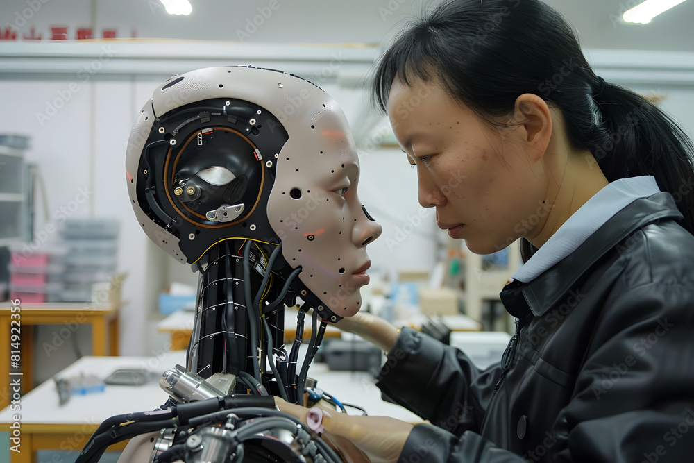 A high-quality photo of a humanoid robot with human skin and hair, receiving final adjustments by a technician in a Chinese factory, with a solid light background A high-quality photo of a humanoid robot with human skin and hair, receiving final adjustments by a technician in a Chinese factory, with a solid light background