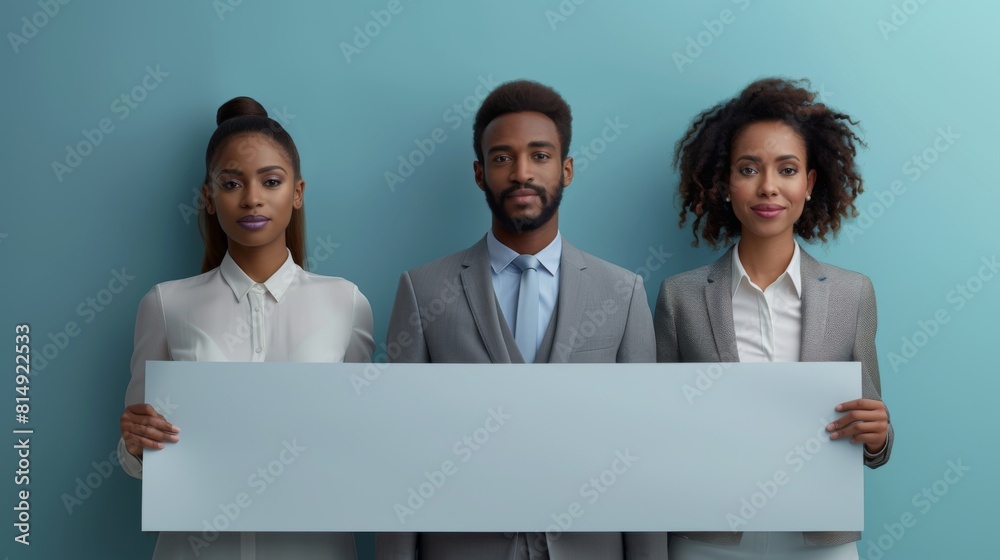 A diverse group of young professionals in business attire standing together with a confident smile, holding a large blank banner in a well-lit office space. A diverse group of young professionals in business attire standing together with a confident smile, holding a large blank banner in a well-lit office space.