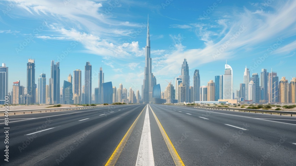 Fototapeta premium A clear view down a smooth highway leading towards a modern city skyline under bright blue skies, capturing the essence of urban progress and connectivity.