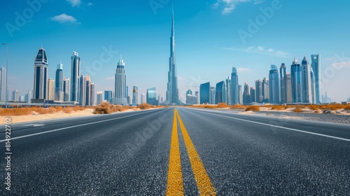 A clear view down a smooth highway leading towards a modern city skyline under bright blue skies, capturing the essence of urban progress and connectivity. © photolas