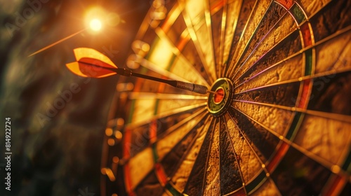 A dart successfully hits the bullseye on a dartboard, symbolizing precision and goal attainment in a competitive business environment.