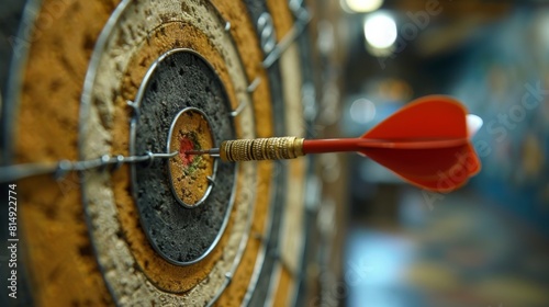 A dart successfully hits the bullseye on a dartboard, symbolizing precision and goal attainment in a competitive business environment.