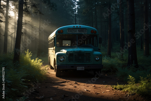 A broken down bus lies abandoned in the middle of a deep scary forest