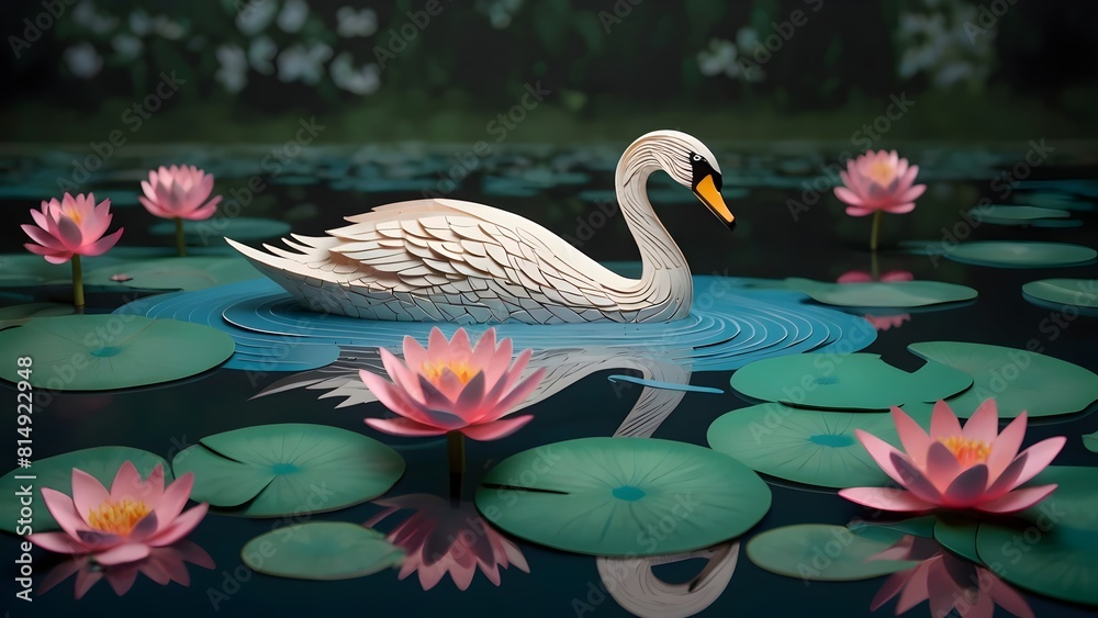 Obraz premium Graceful swan amidst pink lotus and lily flowers on tranquil lake, crafted in intricate 3D paper art, evoking serene beauty.